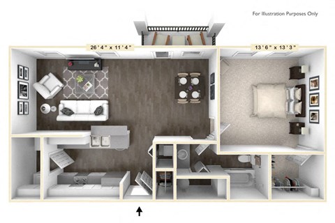 Floor plan for 1 bed, 1 bath, 832 sqft